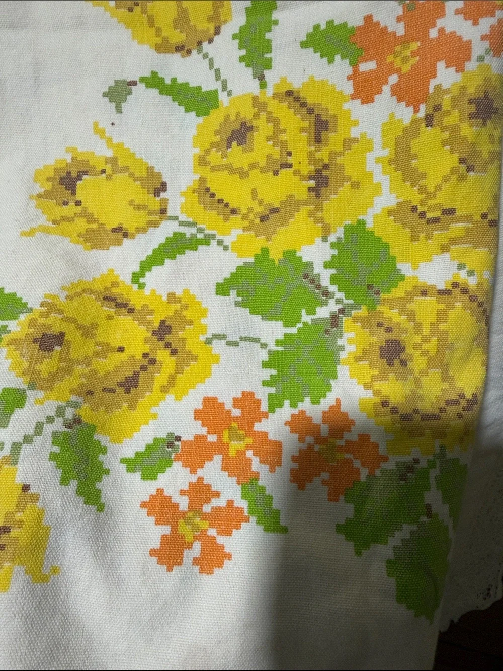 Vintage antique cross stitch fabric and lace yellow floral tablecloth 66x57
